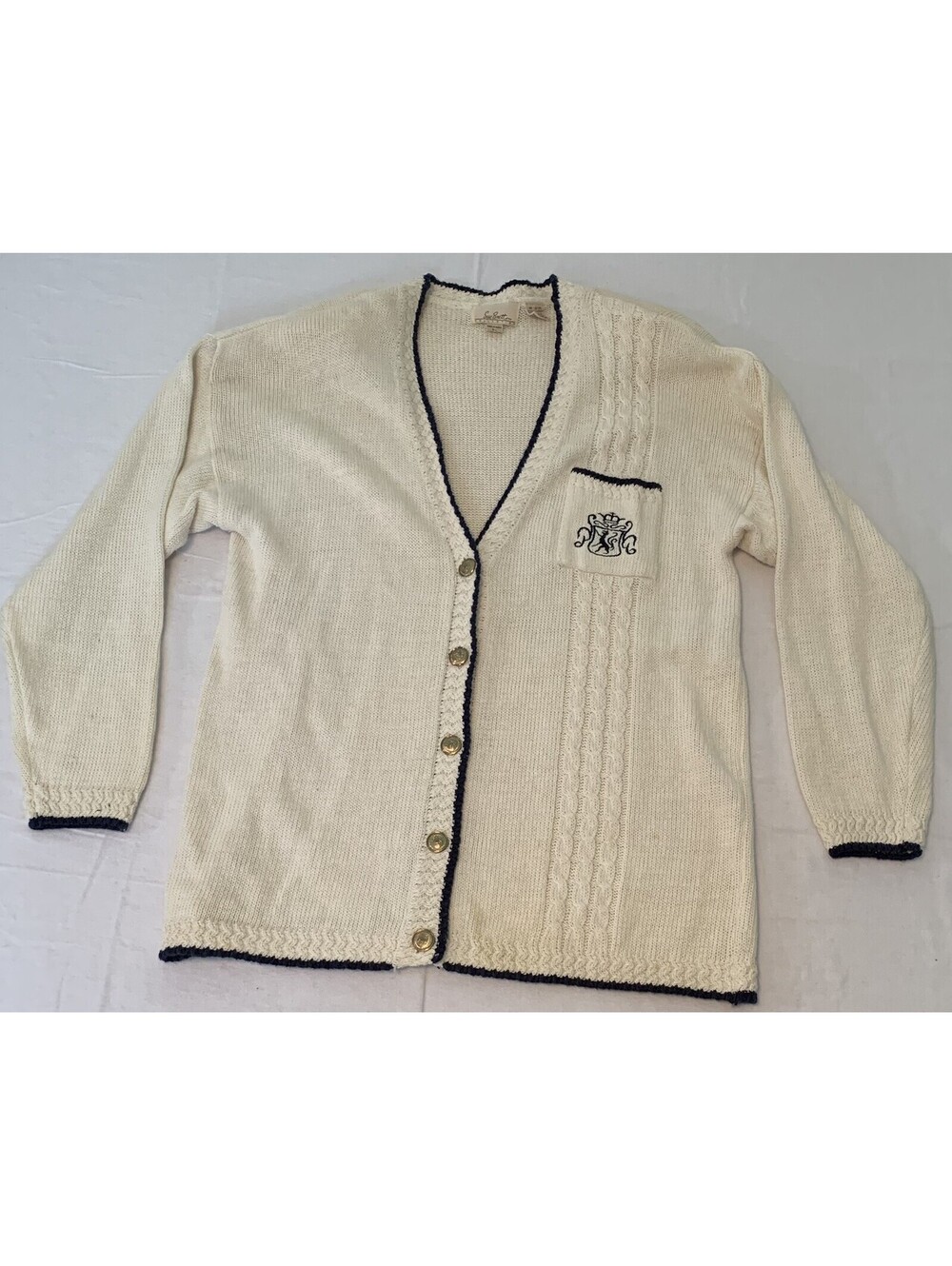 Vintage 70s Sue Brett Cardigan Sweater White/Blue SZ Large C6